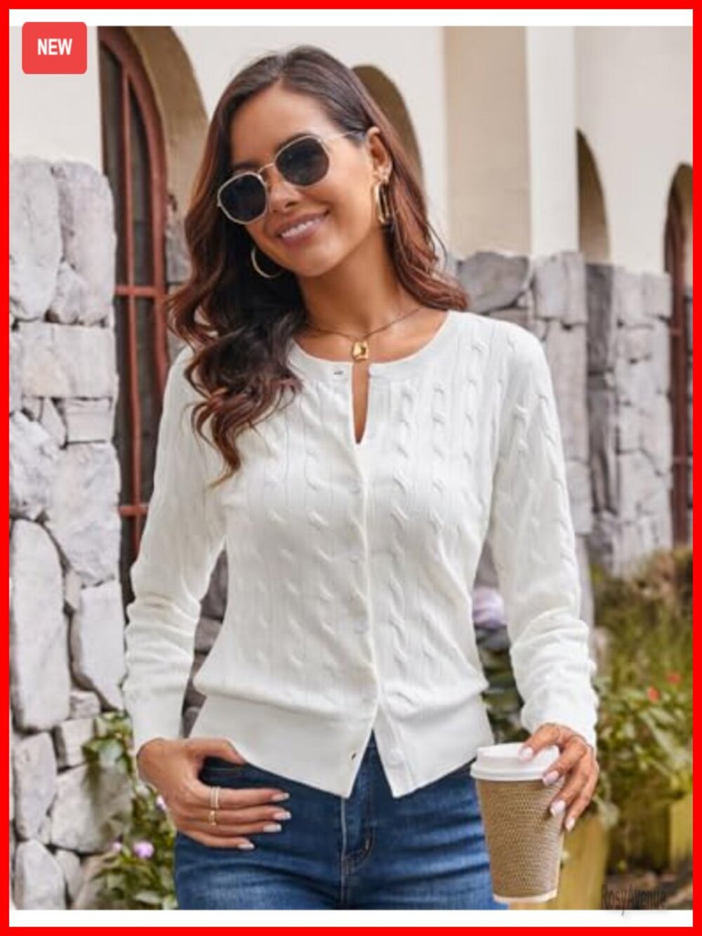 Long Sleeve Button Up Cable Knit Cardigan Lightweight Crewneck Sweater - Picture 2 of 7